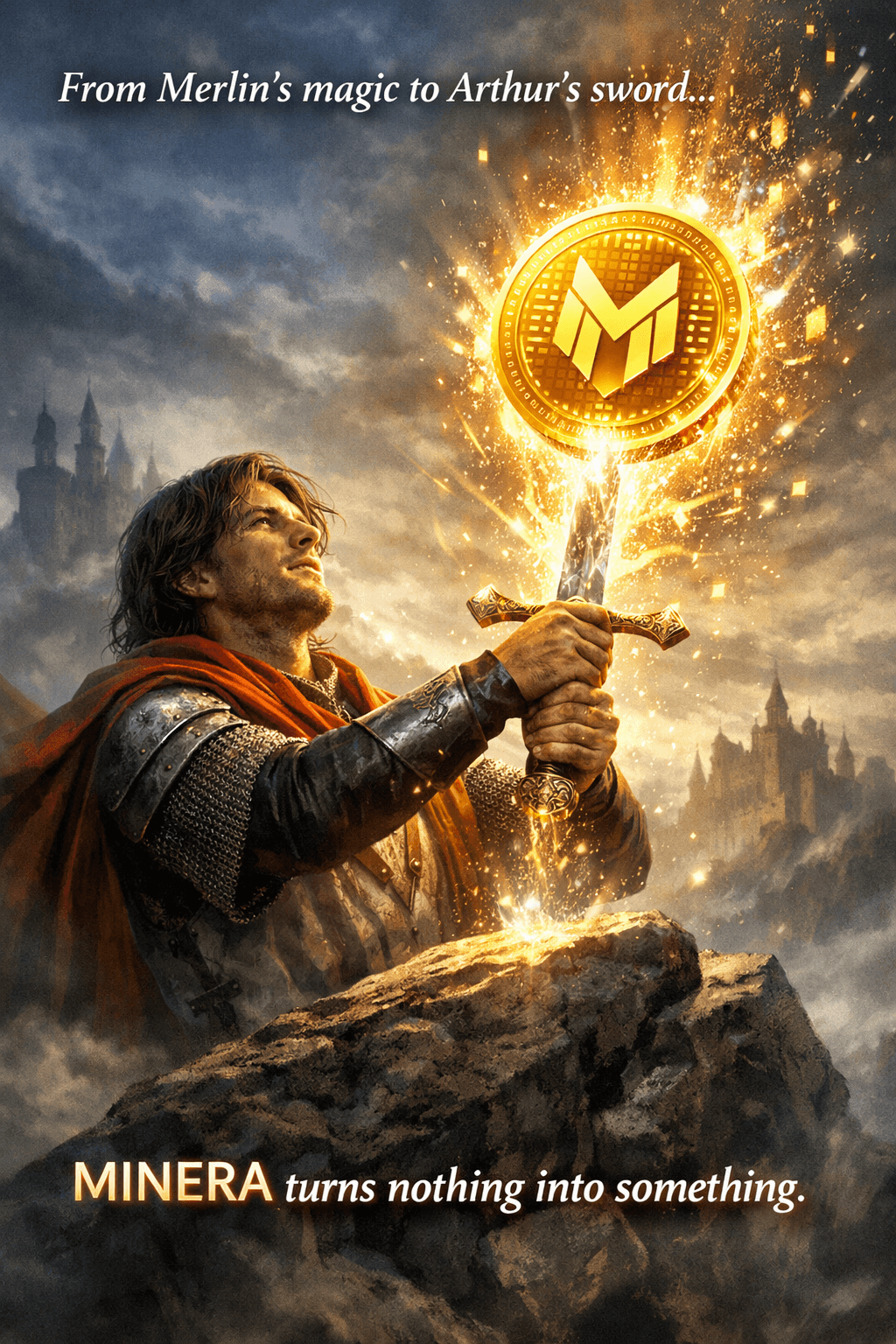 A knight in a red cape draws a sword whose tip erupts into a blazing gold M medallion, misty castle silhouettes on either side