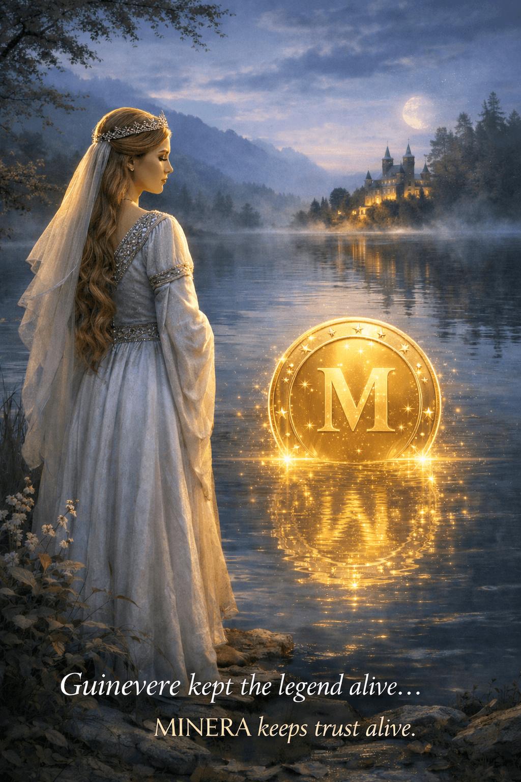 A lady in a white gown stands at a moonlit lake as a glowing gold M coin rises half out of the water, a lit castle on the far shore