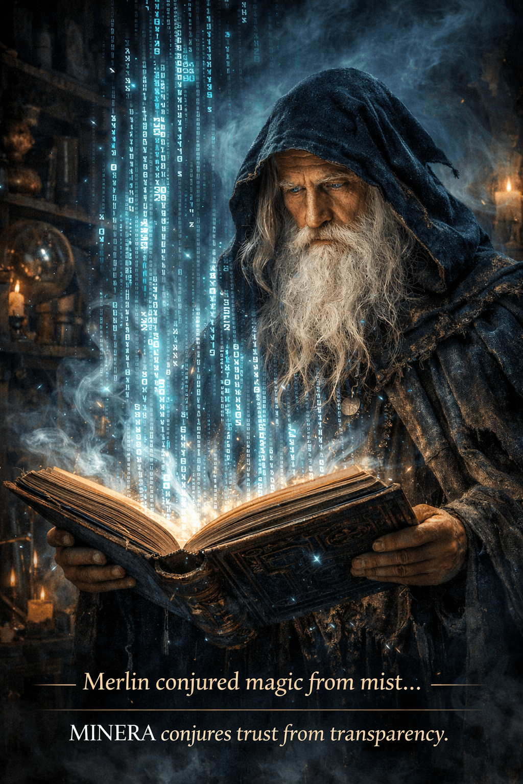 A hooded, grey-bearded wizard reads an ancient spellbook as glowing code descends into golden light rising from its pages